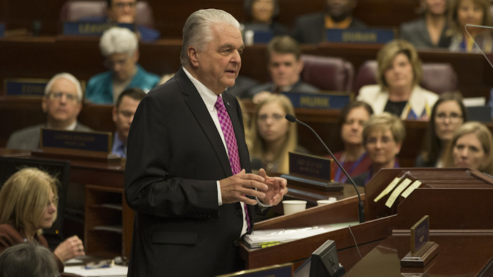 Nevada Gov. Steve Sisolak delivers his first State of the State address from the Assembly Chambers of the Nevada Legislature, Carson City, Nev., Jan. 16, 2019.