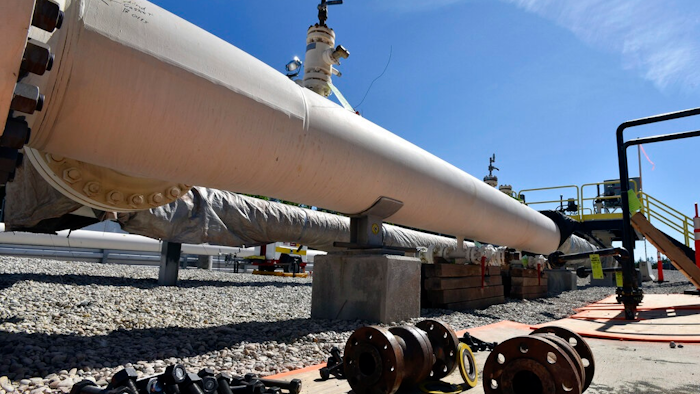 In this June 8, 2017, file photo, fresh nuts, bolts and fittings are ready to be added to the east leg of the Enbridge Line 5 pipeline near St. Ignace, Mich., as Enbridge prepares to test the east and west sides of the Line 5 pipeline under the Straits of Mackinac in Mackinaw City, Mich. The Michigan Court of Appeals ruled Thursday, June 11, 2020, that legislators did not violate the state constitution by allowing construction of an oil pipeline tunnel beneath a channel linking two of the Great Lakes.