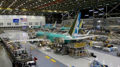 Boeing 737 MAX airplane being built on the assembly line in Renton, Wash.