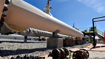 In this June 8, 2017, file photo, fresh nuts, bolts and fittings are ready to be added to the east leg of the Enbridge Line 5 pipeline near St. Ignace, Mich., as Enbridge prepares to test the east and west sides of the Line 5 pipeline under the Straits of Mackinac in Mackinaw City, Mich. The Michigan Court of Appeals ruled Thursday, June 11, 2020, that legislators did not violate the state constitution by allowing construction of an oil pipeline tunnel beneath a channel linking two of the Great Lakes.