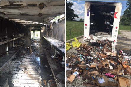 The damage resulting from a lithium-ion battery fire in a FedEx truck is show in these photos taken June, 2, 2016. Left: The fire damage to the FedEx truck and its contents. Right: The contents of the truck were removed by firefighters following the fire. Photos courtesy of FedEx.