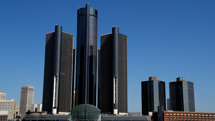 The Renaissance Center, headquarters for General Motors, along the Detroit skyline.