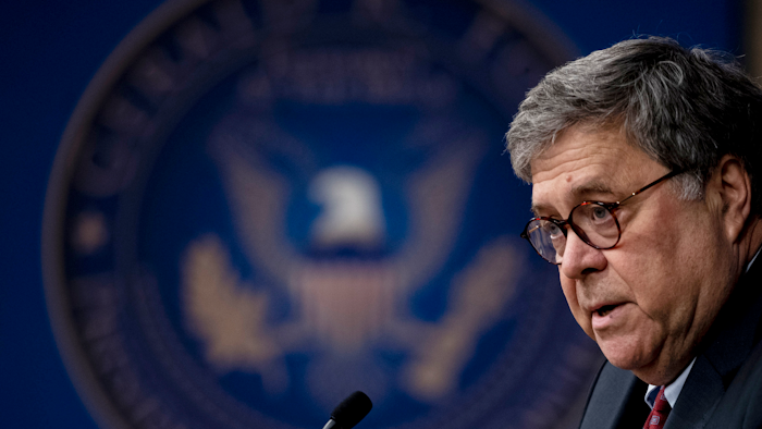 U.S. Attorney General William Barr speaks at the Gerald R. Ford Presidential Museum in Grand Rapids, Mich.