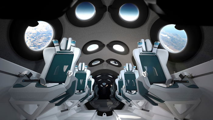 The interior of Virgin Galactic's SpaceshipTwo Cabin during a flight.