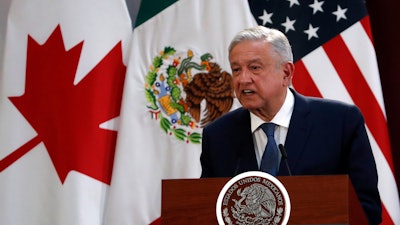 Mexico's President Andres Manuel Lopez Obrador speaks during an event.