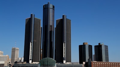 The Renaissance Center, headquarters for General Motors, along the Detroit skyline.
