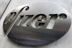 Pfizer company logo at the company's headquarters in New York.