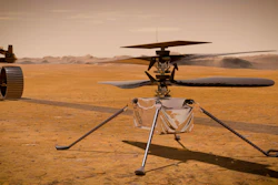 This illustration made available by NASA depicts the Ingenuity Mars Helicopter on the red planet's surface near the Perseverance rover, left.