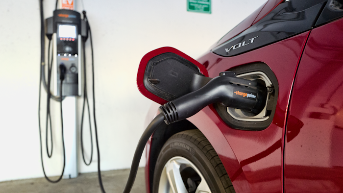 A Chevrolet Volt hybrid car charging.