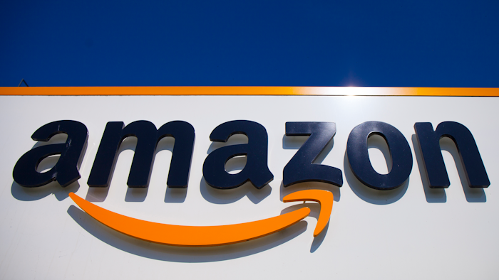 The Amazon logo is seen in Douai, northern France.