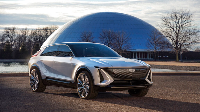 This photo provided by General Motors shows the Cadillac Lyriq. General Motors' Cadillac brand is the latest to roll out an electric vehicle with the promise of taking sales from market leader Tesla. Executives say the Lyriq midsize SUV will have a range of over 300 miles per charge as well as technology and features to pull buyers from Tesla.