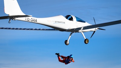 Swiss adventurer Raphael Domjan jumps from the SolarStratos solar powered aircraft prototype.