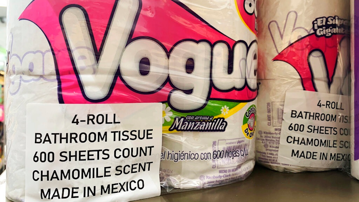 This Sept. 8, 2020, photo, shows Vogue, a Mexican toilet paper brand, on the shelf at a 7-Eleven in New York. Demand for toilet paper has been so high during the pandemic that in order to keep their shelves stocked, retailers across the country are buying up foreign toilet paper brands, mostly from Mexico.