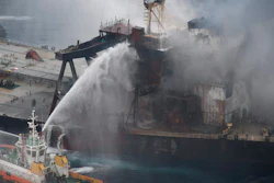 Ships fighting a fire on the MT New Diamond about 30 nautical miles off the coast of Sri Lanka, Sept. 8, 2020.