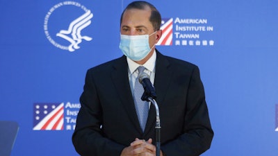 U.S. Health and Human Services Secretary Alex Azar delivers a speech at National Taiwan University College of Public Health in Taipei, Aug. 11, 2020.