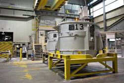 Aluminum smelters inside the Alouette aluminum plant, Sept-Iles, Quebec, May 21, 2019.