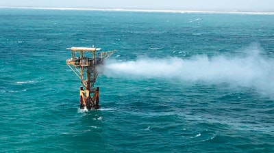 In this image released by the U.S. Coast Guard, natural gas is release from an oil platform approximately three miles offshore of Corpus Christi, Texas, Tuesday, Sept. 1, 2020. Officials responded Tuesday to a release from a well platform off the shore of Texas and the Coast Guard has a pollution response team on the beach to monitor the situation. There were no immediate reports of injuries.