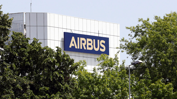 The logo of Airbus group is displayed in Toulouse, south of France.
