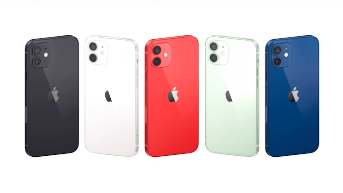 This image provided by Apple shows a display of the new iPhones equipped with technology for use with faster new 5G wireless networks that Apple unveiled Tuesday, Oct. 13, 2020.