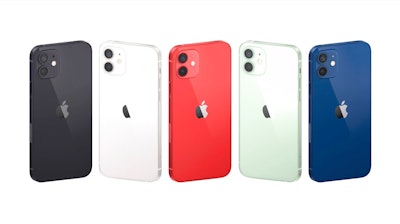 This image provided by Apple shows a display of the new iPhones equipped with technology for use with faster new 5G wireless networks that Apple unveiled Tuesday, Oct. 13, 2020.