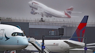 Aircraft G-CIVY, one of the last two British Airways Boeing 747-400 aircraft takes off for its last flight departure from London's Heathrow Airport, Thursday, Oct. 8, 2020. The retirement of the fleet was brought forward as a result of the impact the Covid-19 pandemic had on the airline and the aviation sector.