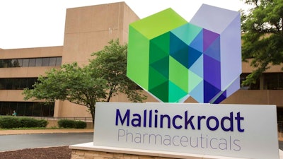 This July 1, 2013, file photo, shows the exterior of the Mallinckrodt Pharmaceuticals office in St. Louis. Mallinckrodt is seeking protection in federal bankruptcy court, as the generic drugmaker deals with lawsuits over its role in the U.S. opioid crisis. The company said Monday, Oct. 12, 2020, that it voluntarily started Chapter 11 proceedings to reduce debt and resolve several billion dollars of possible legal liabilities.