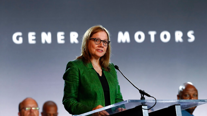 In this July 16, 2019 file photo, General Motors Chairman and Chief Executive Officer Mary Barra speaks during the opening of their contract talks with the United Auto Workers in Detroit. General Motors says it will no longer support the Trump administration in legal efforts to end California's right to set its own clean-air standards. Barra said in a letter Monday, Nov. 23, 2020 to environmental groups that GM will pull out of the lawsuit, and it urges other automakers to do so.
