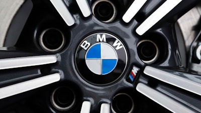 A wheel on a BMW car is on display at the 2020 Pittsburgh International Auto Show.