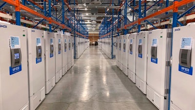 Part of a 'freezer farm,' a football field-sized facility for storing finished COVID-19 vaccines, in Puurs, Belgium.