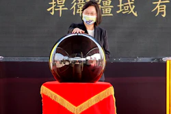 Taiwan's President Tsai Ing-wen touches a ceremonial orb to inaugurate the production of domestically-made submarines at CSBC Corp's shipyards, Kaohsiung, Nov. 24, 2020.