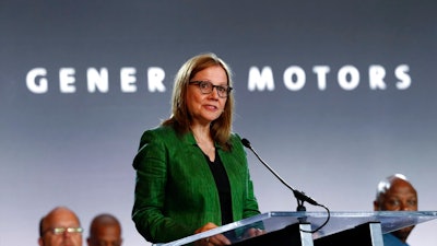 In this July 16, 2019 file photo, General Motors Chairman and Chief Executive Officer Mary Barra speaks during the opening of their contract talks with the United Auto Workers in Detroit. General Motors says it will no longer support the Trump administration in legal efforts to end California's right to set its own clean-air standards. Barra said in a letter Monday, Nov. 23, 2020 to environmental groups that GM will pull out of the lawsuit, and it urges other automakers to do so.