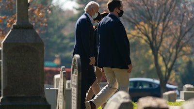 President-elect Joe Biden arrives for mass at St. Joseph on the Brandywine Catholic Church, Wilmington, Del., Nov. 8, 2020.