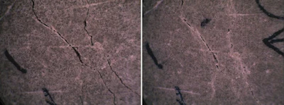 Self-healing concrete test study with cracked concrete (left) and self-healed concrete after 28 days (right). SMART Lab/Purdue University, CC BY-ND