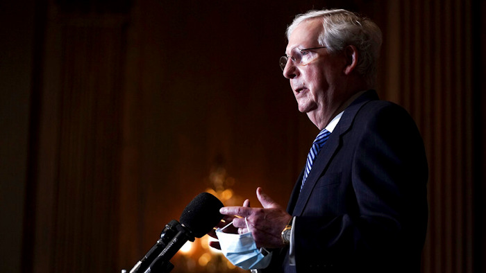 Senate Majority Leader Mitch McConnell of Kentucky talks during a news conference.