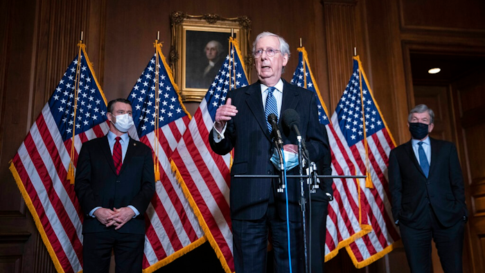 Senate Majority Leader Mitch McConnell of Kentucky, speaks during a news conference following a weekly meeting with the Senate Republican caucus, Tuesday, Dec. 8. 2020 at the Capitol in Washington.