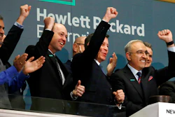 Hewlett Packard Enterprise President & CEO Antonio Neri, right, rings the New York Stock Exchange opening bell.