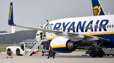 A Ryanair plane parks at the airport in Weeze, Germany.