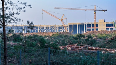 Felled trees lie on the construction site of the Tesla Gigafactory in Gruenheide near Berlin, Germany.