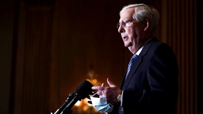 Senate Majority Leader Mitch McConnell of Kentucky talks during a news conference.
