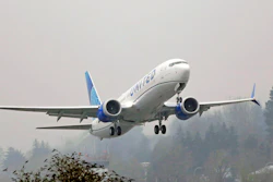 A United Airlines Boeing 737 Max airplane takes off in the rain at Renton Municipal Airport in Renton, Wash.