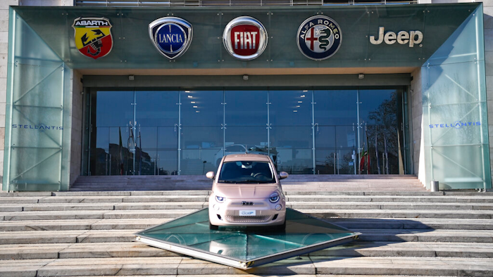 The new Stellantis logo at the historic Mirafiori headquarters, Turin, Italy, Jan. 18, 2021.