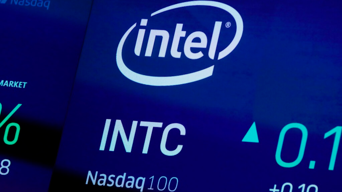In this Oct. 1, 2019, file photo the symbol for Intel appears on a screen at the Nasdaq MarketSite, in New York. Intel is replacing its CEO after two years. The computer company said Wednesday, Jan. 13, 2021, that Pat Gelsinger will become its new CEO, effective Feb. 15. He takes over for Bob Swan, who became CEO in January 2019.