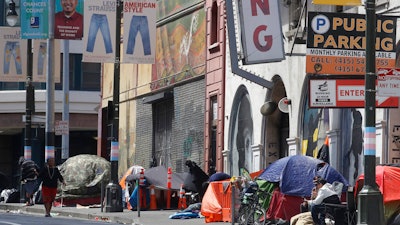 Tents line a sidewalk on Golden Gate Avenue in San Francisco, April 18, 2020.