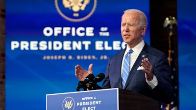President-elect Joe Biden speaks about the COVID-19 pandemic during an event at The Queen theater on Thursday, Jan. 14 in Wilmington, DE.