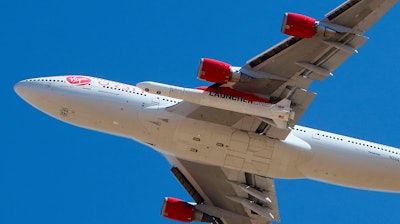 Virgin Orbit Boeing 747-400 rocket launch platform, named Cosmic Girl, takes off from Mojave Air and Space Port, Mojave (MHV) on its second orbital launch demonstration in the Mojave Desert, north of Los Angeles.