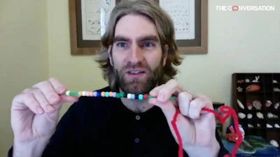 The mRNA for the spike protein, shown as the red strand, contains instructions for the formation of the spike protein. The colored beads of the bracelet represent the individual amino acids that make up the spike protein, which fold up into the shape of the spike.