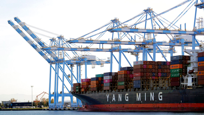 A Yang Ming Marine Transport Corporation boat at the Port of Tacoma in Tacoma, Wash., Nov. 4, 2019.