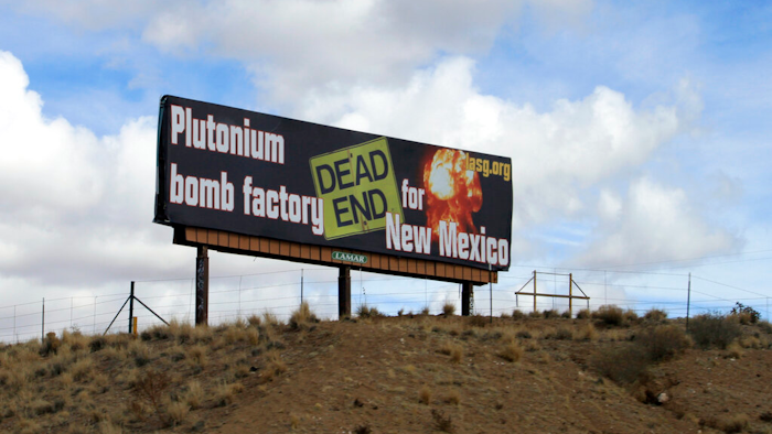 Los Alamos Study Group billboard near Bernalillo, N.M., Feb. 17, 2021.