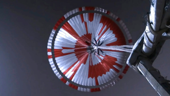 Image from video showing the parachute deployed during the descent of the Mars Perseverance rover, Feb. 18, 2021.