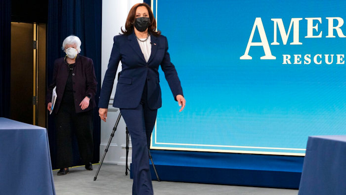 Vice President Kamala Harris, right, and Treasury Secretary Janet Yellen, arrive to attend a virtual roundtable with participants from Black Chambers of Commerce across the country to discuss the American Rescue Plan, Friday, Feb. 5, 2021, at the South Court Auditorium on the White House complex in Washington.